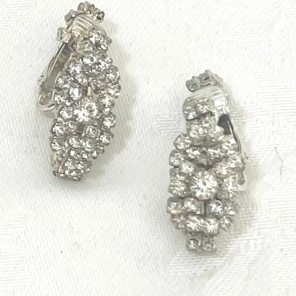 Vtg Mid-Century Clear Rhinestone Art Deco Clip Earrings Huggie Hoop Bridal Retro